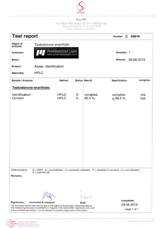 PHARMA TEST E 300 Testosterone enanthate - purity report